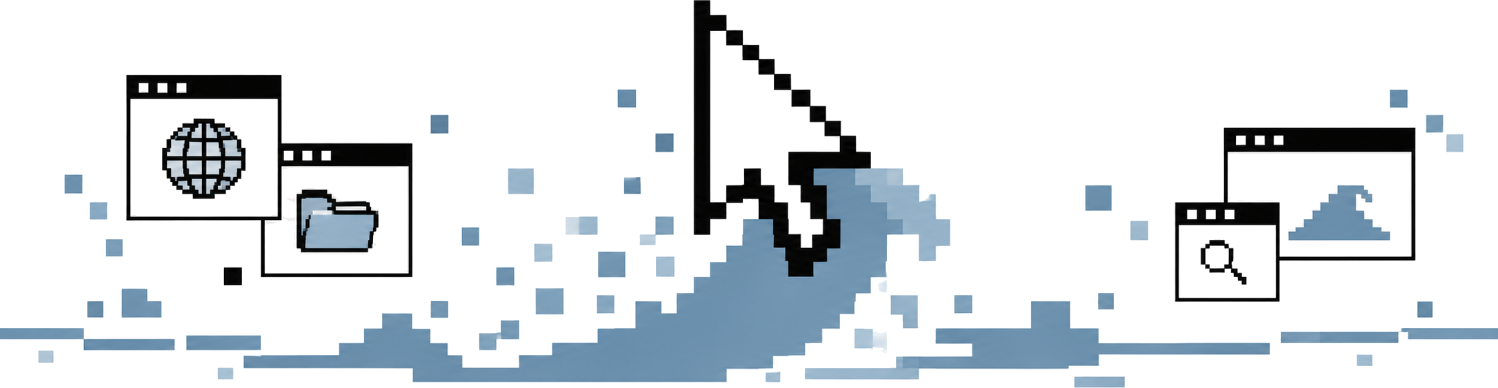 Explorer cursor surfing a pixel wave between browser windows